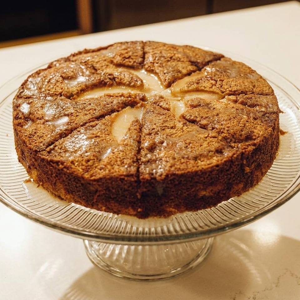 Round golden-brown cake with creamy filling sits on a glass pedestal stand atop a kitchen counter.