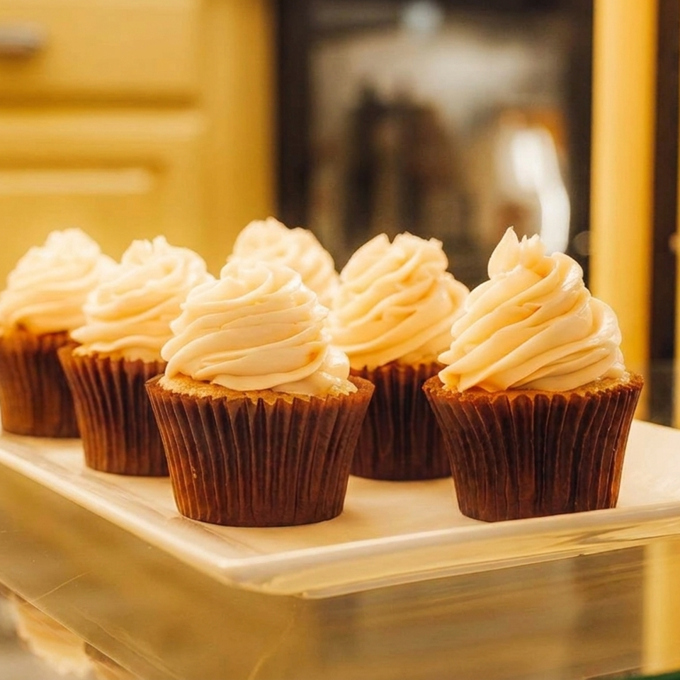 Five chocolate cupcakes topped with swirls of vanilla frosting sit on a white platter in a warmly lit bakery display.